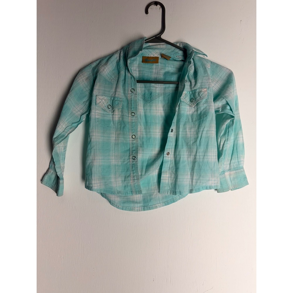 Wrangler Kids Western Snap Shirt Turquoise Plaid Metallic Silver GW1671Q XS 4/5